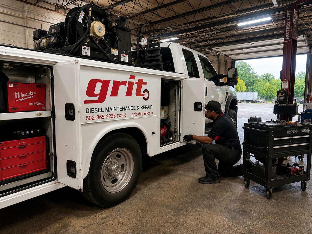 Grit Diesel technician working from the mobile service truck inside the Shepherdsville shop