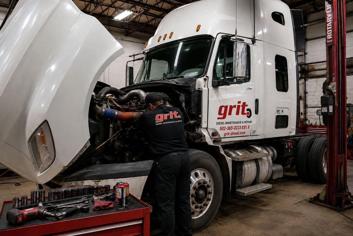 Grit technician repairing the engine of a commercial semi truck inside the Shepherdsville shop