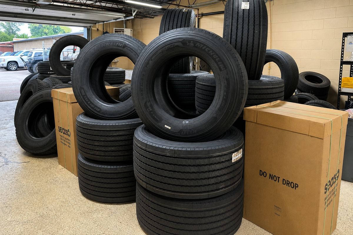 New Michelin commercial truck tires stacked inside the Grit Diesel tire shop